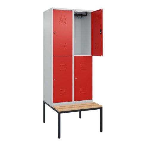 C+P Doppelstock-Spind Classic PLUS, Bank, 2 Abteile, 2120x800x815mm, 7035/3020 Verschluss Zylinderschloss Sitzbanktyp untergebaut Material Sitzfläche Buche-Hartholz