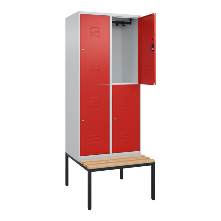 C+P Doppelstock-Spind Classic PLUS, Bank, 2 Abteile, 2120x800x815mm, 7035/3020 Verschluss Zylinderschloss Sitzbanktyp untergebaut Material Sitzfläche Buche-Hartholz