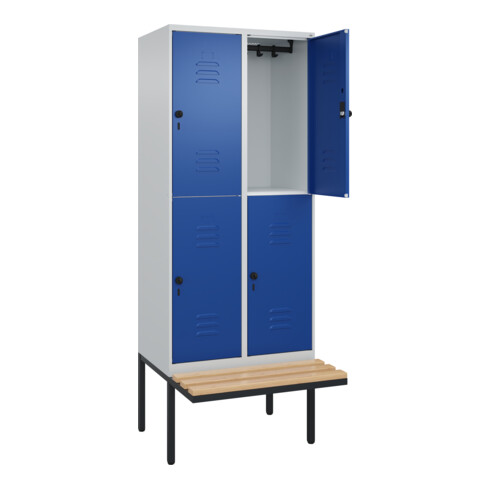 C+P Doppelstock-Spind Classic PLUS, Bank, 2 Abteile, 2120x800x815mm, 7035/5010 Verschluss Sicherheits-Drehriegel Sitzbanktyp auskragend Material Sitzfläche Buche-Hartholz