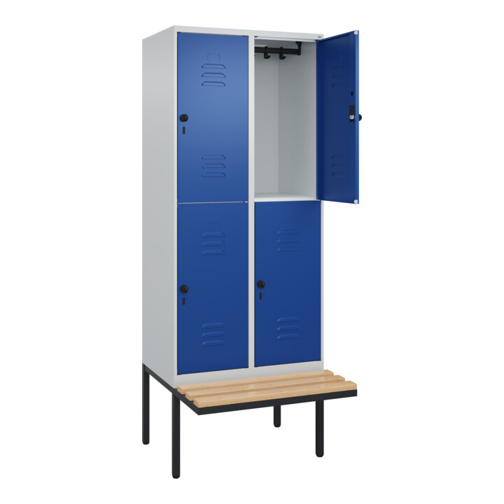 C+P Doppelstock-Spind Classic PLUS, Bank, 2 Abteile, 2120x800x815mm, 7035/5010 Verschluss Sicherheits-Drehriegel Sitzbanktyp auskragend Material Sitzfläche Buche-Hartholz