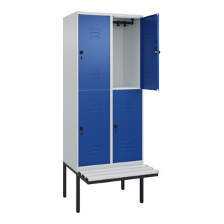 C+P Doppelstock-Spind Classic PLUS, Bank, 2 Abteile, 2120x800x815mm, 7035/5010 Verschluss Sicherheits-Drehriegel Sitzbanktyp auskragend Material Sitzfläche Kunststoff