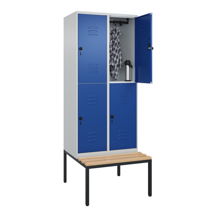 C+P Doppelstock-Spind Classic PLUS, Bank, 2 Abteile, 2120x800x815mm, 7035/5010 Verschluss Sicherheits-Drehriegel Sitzbanktyp untergebaut Material Sitzfläche Buche-Hartholz
