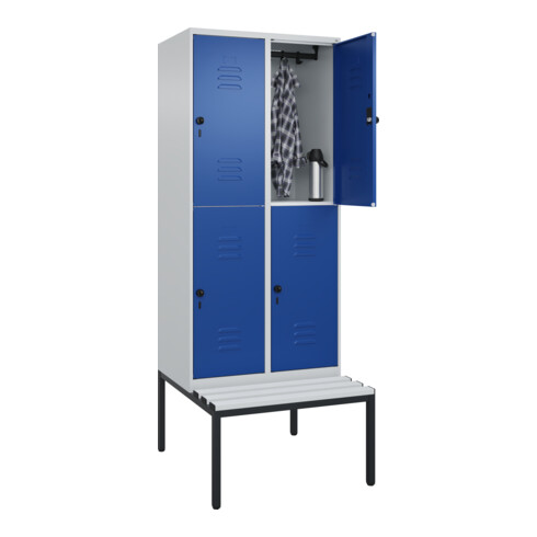 C+P Doppelstock-Spind Classic PLUS, Bank, 2 Abteile, 2120x800x815mm, 7035/5010 Verschluss Sicherheits-Drehriegel Sitzbanktyp untergebaut Material Sitzfläche Kunststoff