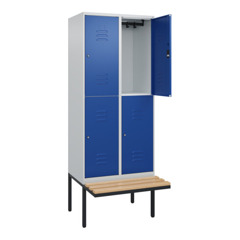 C+P Doppelstock-Spind Classic PLUS, Bank, 2 Abteile, 2120x800x815mm, 7035/5010 Verschluss Zylinderschloss Sitzbanktyp auskragend Material Sitzfläche Buche-Hartholz