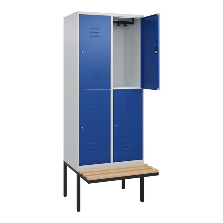 C+P Doppelstock-Spind Classic PLUS, Bank, 2 Abteile, 2120x800x815mm, 7035/5010 Verschluss Zylinderschloss Sitzbanktyp auskragend Material Sitzfläche Buche-Hartholz