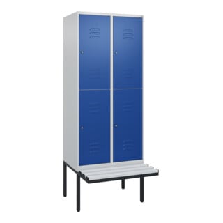C+P Doppelstock-Spind Classic PLUS, Bank, 2 Abteile, 2120x800x815mm, 7035/5010 Verschluss Zylinderschloss Sitzbanktyp auskragend Material Sitzfläche Kunststoff