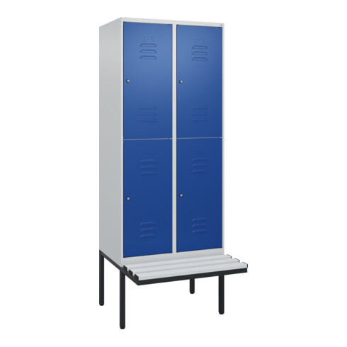 C+P Doppelstock-Spind Classic PLUS, Bank, 2 Abteile, 2120x800x815mm, 7035/5010 Verschluss Zylinderschloss Sitzbanktyp auskragend Material Sitzfläche Kunststoff