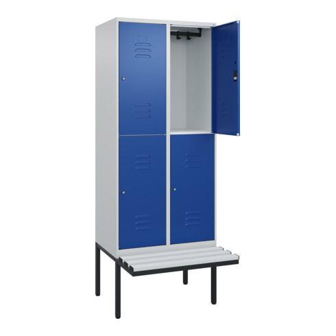 C+P Doppelstock-Spind Classic PLUS, Bank, 2 Abteile, 2120x800x815mm, 7035/5010 Verschluss Zylinderschloss Sitzbanktyp auskragend Material Sitzfläche Kunststoff
