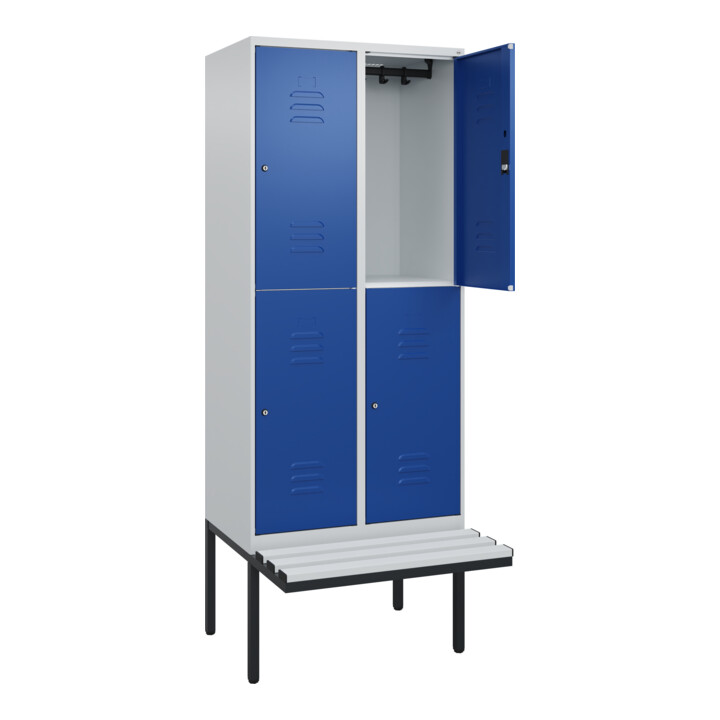 C+P Doppelstock-Spind Classic PLUS, Bank, 2 Abteile, 2120x800x815mm, 7035/5010 Verschluss Zylinderschloss Sitzbanktyp auskragend Material Sitzfläche Kunststoff