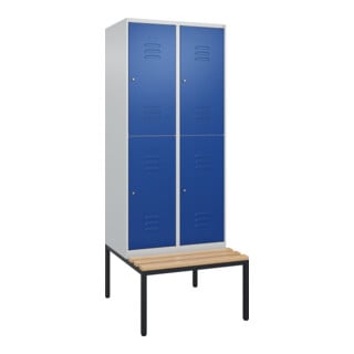 C+P Doppelstock-Spind Classic PLUS, Bank, 2 Abteile, 2120x800x815mm, 7035/5010 Verschluss Zylinderschloss Sitzbanktyp untergebaut Material Sitzfläche Buche-Hartholz