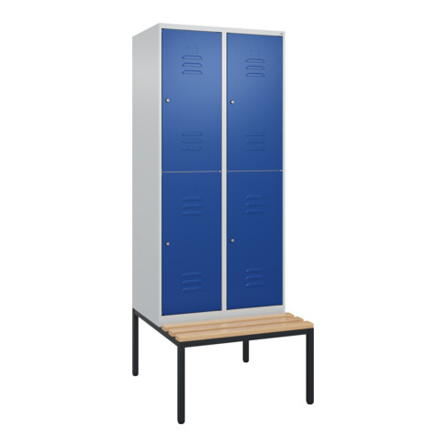 C+P Doppelstock-Spind Classic PLUS, Bank, 2 Abteile, 2120x800x815mm, 7035/5010 Verschluss Zylinderschloss Sitzbanktyp untergebaut Material Sitzfläche Buche-Hartholz