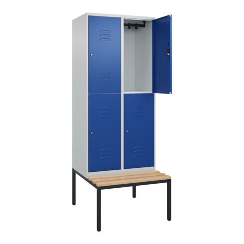 C+P Doppelstock-Spind Classic PLUS, Bank, 2 Abteile, 2120x800x815mm, 7035/5010 Verschluss Zylinderschloss Sitzbanktyp untergebaut Material Sitzfläche Buche-Hartholz