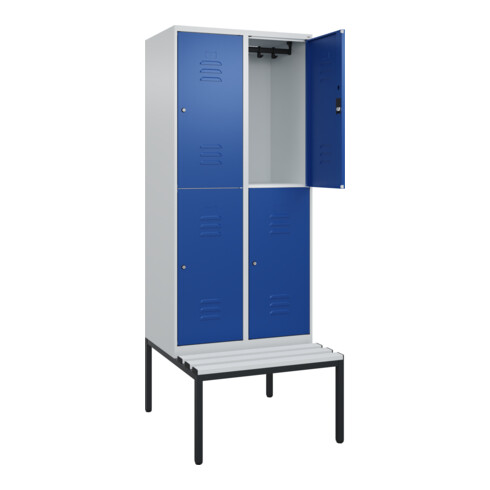 C+P Doppelstock-Spind Classic PLUS, Bank, 2 Abteile, 2120x800x815mm, 7035/5010 Verschluss Zylinderschloss Sitzbanktyp untergebaut Material Sitzfläche Kunststoff