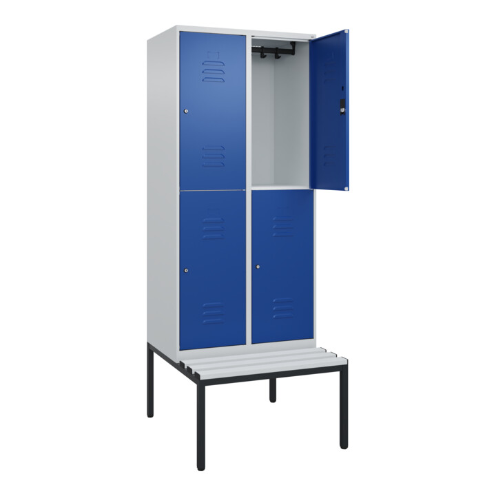 C+P Doppelstock-Spind Classic PLUS, Bank, 2 Abteile, 2120x800x815mm, 7035/5010 Verschluss Zylinderschloss Sitzbanktyp untergebaut Material Sitzfläche Kunststoff
