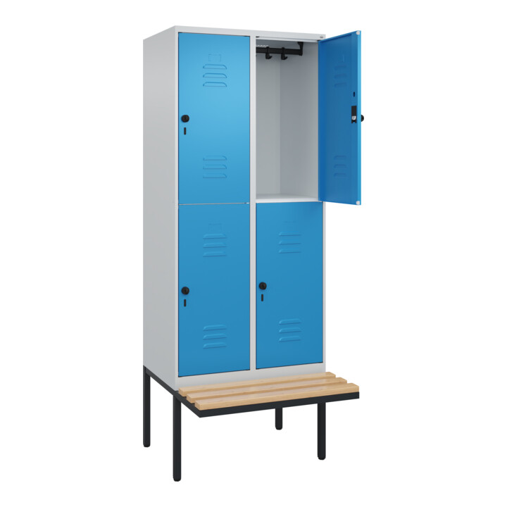 C+P Doppelstock-Spind Classic PLUS, Bank, 2 Abteile, 2120x800x815mm, 7035/5012 Verschluss Sicherheits-Drehriegel Sitzbanktyp auskragend Material Sitzfläche Buche-Hartholz