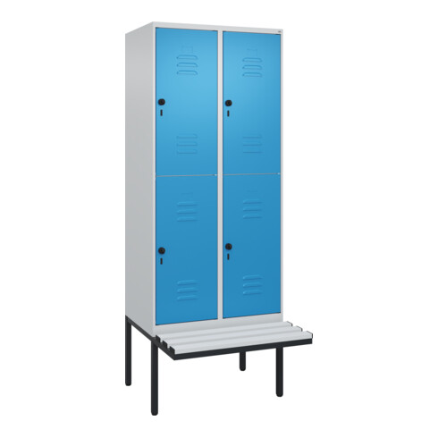 C+P Doppelstock-Spind Classic PLUS, Bank, 2 Abteile, 2120x800x815mm, 7035/5012 Verschluss Sicherheits-Drehriegel Sitzbanktyp auskragend Material Sitzfläche Kunststoff