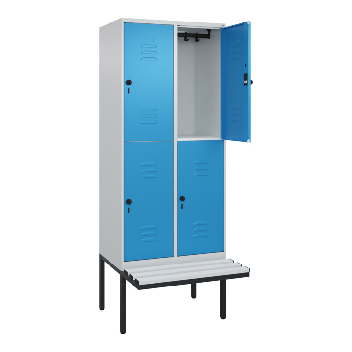 C+P Doppelstock-Spind Classic PLUS, Bank, 2 Abteile, 2120x800x815mm, 7035/5012 Verschluss Sicherheits-Drehriegel Sitzbanktyp auskragend Material Sitzfläche Kunststoff