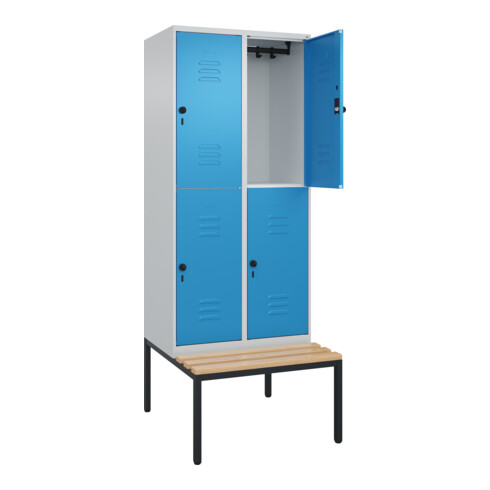 C+P Doppelstock-Spind Classic PLUS, Bank, 2 Abteile, 2120x800x815mm, 7035/5012 Verschluss Sicherheits-Drehriegel Sitzbanktyp untergebaut Material Sitzfläche Buche-Hartholz