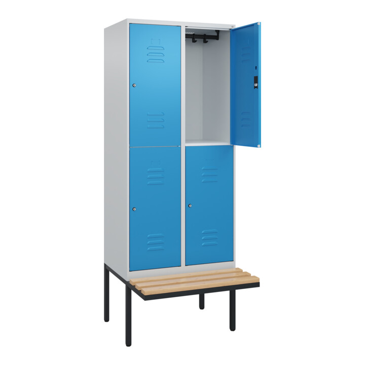 C+P Doppelstock-Spind Classic PLUS, Bank, 2 Abteile, 2120x800x815mm, 7035/5012 Verschluss Zylinderschloss Sitzbanktyp auskragend Material Sitzfläche Buche-Hartholz