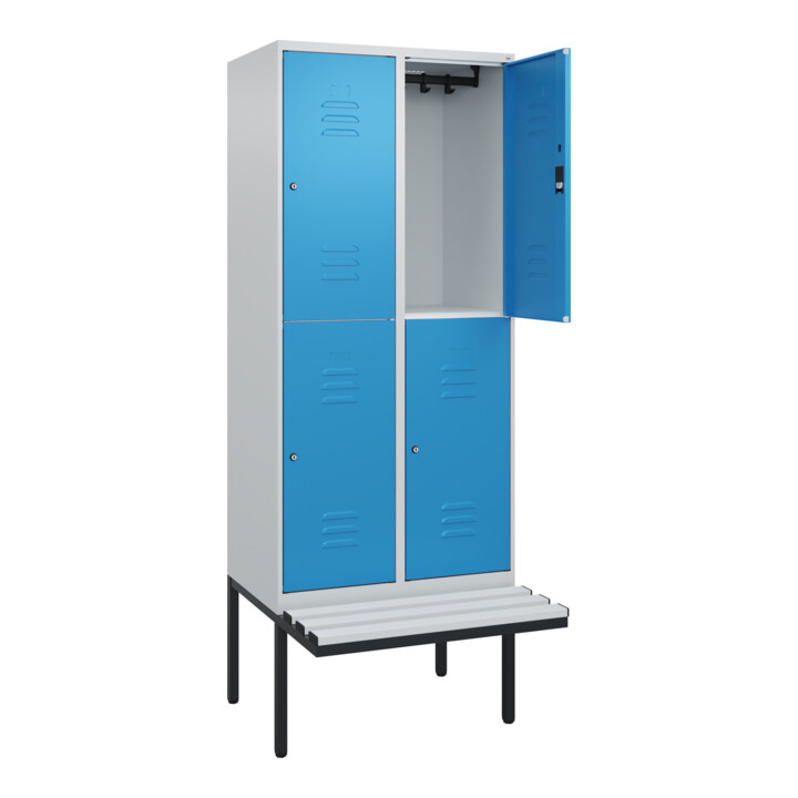 C+P Doppelstock-Spind Classic PLUS, Bank, 2 Abteile, 2120x800x815mm, 7035/5012 Verschluss Zylinderschloss Sitzbanktyp auskragend Material Sitzfläche Kunststoff