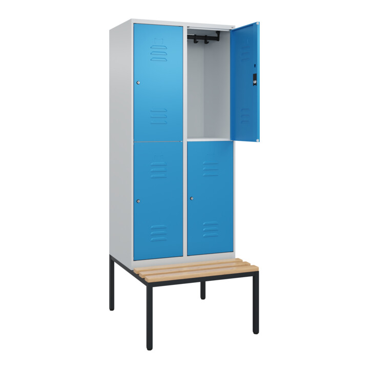 C+P Doppelstock-Spind Classic PLUS, Bank, 2 Abteile, 2120x800x815mm, 7035/5012 Verschluss Zylinderschloss Sitzbanktyp untergebaut Material Sitzfläche Buche-Hartholz