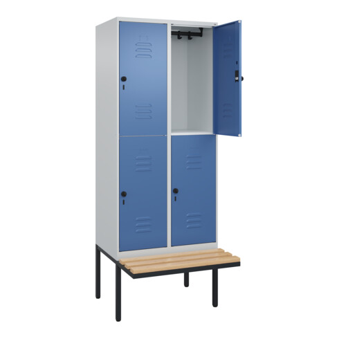 C+P Doppelstock-Spind Classic PLUS, Bank, 2 Abteile, 2120x800x815mm, 7035/5023 Verschluss Sicherheits-Drehriegel Sitzbanktyp auskragend Material Sitzfläche Buche-Hartholz