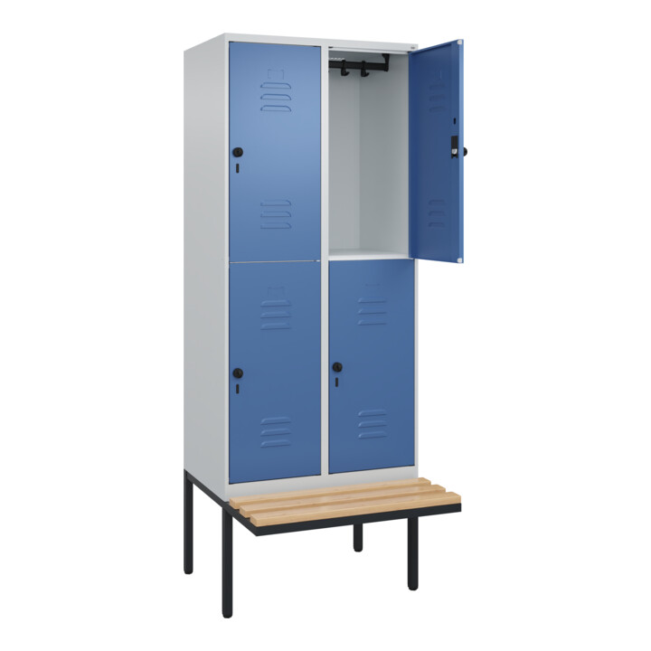C+P Doppelstock-Spind Classic PLUS, Bank, 2 Abteile, 2120x800x815mm, 7035/5023 Verschluss Sicherheits-Drehriegel Sitzbanktyp auskragend Material Sitzfläche Buche-Hartholz