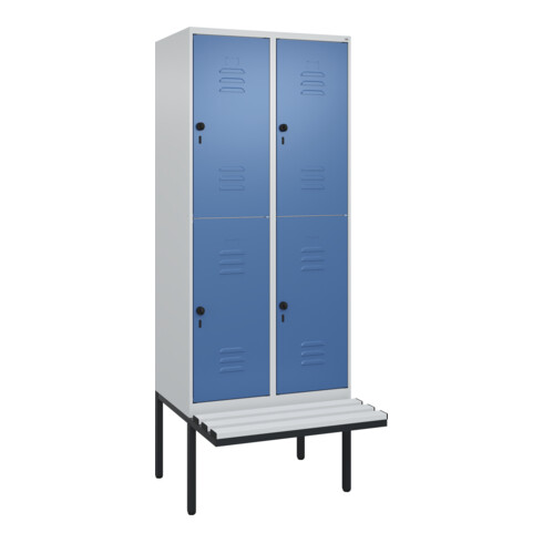 C+P Doppelstock-Spind Classic PLUS, Bank, 2 Abteile, 2120x800x815mm, 7035/5023 Verschluss Sicherheits-Drehriegel Sitzbanktyp auskragend Material Sitzfläche Kunststoff