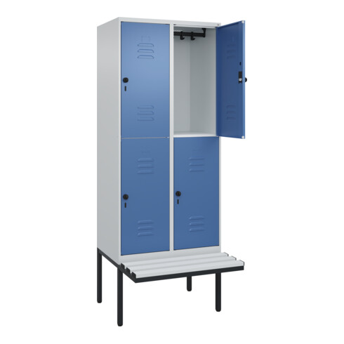 C+P Doppelstock-Spind Classic PLUS, Bank, 2 Abteile, 2120x800x815mm, 7035/5023 Verschluss Sicherheits-Drehriegel Sitzbanktyp auskragend Material Sitzfläche Kunststoff