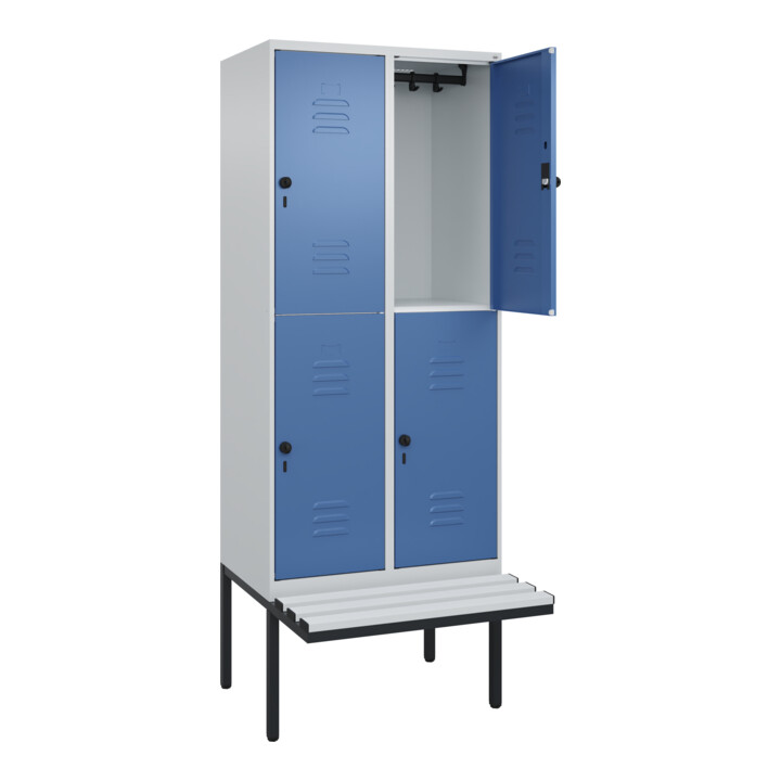 C+P Doppelstock-Spind Classic PLUS, Bank, 2 Abteile, 2120x800x815mm, 7035/5023 Verschluss Sicherheits-Drehriegel Sitzbanktyp auskragend Material Sitzfläche Kunststoff