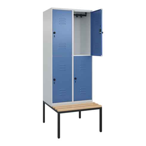 C+P Doppelstock-Spind Classic PLUS, Bank, 2 Abteile, 2120x800x815mm, 7035/5023 Verschluss Sicherheits-Drehriegel Sitzbanktyp untergebaut Material Sitzfläche Buche-Hartholz