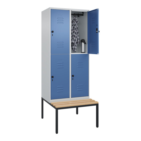 C+P Doppelstock-Spind Classic PLUS, Bank, 2 Abteile, 2120x800x815mm, 7035/5023 Verschluss Sicherheits-Drehriegel Sitzbanktyp untergebaut Material Sitzfläche Buche-Hartholz