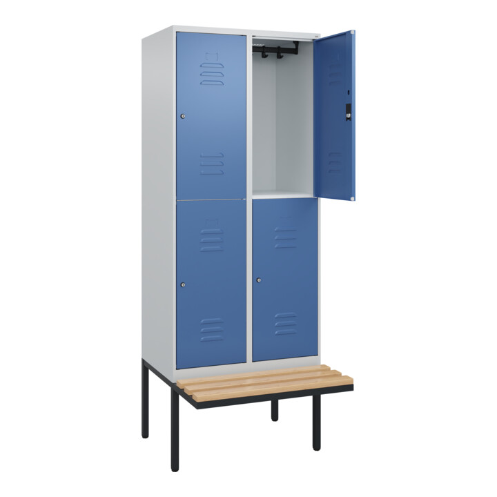 C+P Doppelstock-Spind Classic PLUS, Bank, 2 Abteile, 2120x800x815mm, 7035/5023 Verschluss Zylinderschloss Sitzbanktyp auskragend Material Sitzfläche Buche-Hartholz