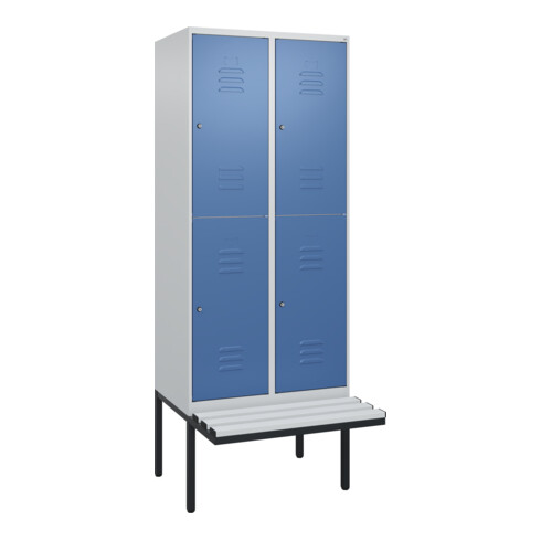 C+P Doppelstock-Spind Classic PLUS, Bank, 2 Abteile, 2120x800x815mm, 7035/5023 Verschluss Zylinderschloss Sitzbanktyp auskragend Material Sitzfläche Kunststoff
