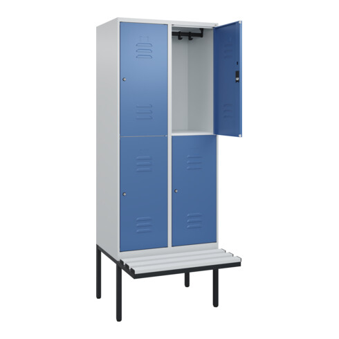 C+P Doppelstock-Spind Classic PLUS, Bank, 2 Abteile, 2120x800x815mm, 7035/5023 Verschluss Zylinderschloss Sitzbanktyp auskragend Material Sitzfläche Kunststoff