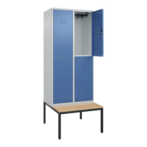 C+P Doppelstock-Spind Classic PLUS, Bank, 2 Abteile, 2120x800x815mm, 7035/5023 Verschluss Zylinderschloss Sitzbanktyp untergebaut Material Sitzfläche Buche-Hartholz