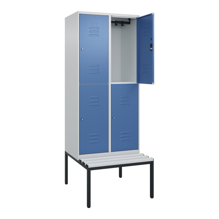 C+P Doppelstock-Spind Classic PLUS, Bank, 2 Abteile, 2120x800x815mm, 7035/5023 Verschluss Zylinderschloss Sitzbanktyp untergebaut Material Sitzfläche Kunststoff