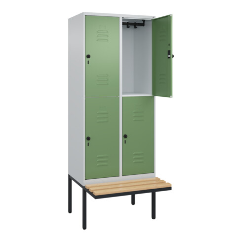 C+P Doppelstock-Spind Classic PLUS, Bank, 2 Abteile, 2120x800x815mm, 7035/6011 Verschluss Sicherheits-Drehriegel Sitzbanktyp auskragend Material Sitzfläche Buche-Hartholz