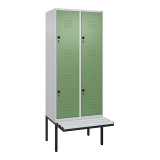 C+P Doppelstock-Spind Classic PLUS, Bank, 2 Abteile, 2120x800x815mm, 7035/6011 Verschluss Sicherheits-Drehriegel Sitzbanktyp auskragend Material Sitzfläche Kunststoff