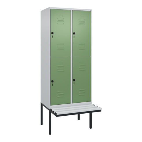 C+P Doppelstock-Spind Classic PLUS, Bank, 2 Abteile, 2120x800x815mm, 7035/6011 Verschluss Sicherheits-Drehriegel Sitzbanktyp auskragend Material Sitzfläche Kunststoff