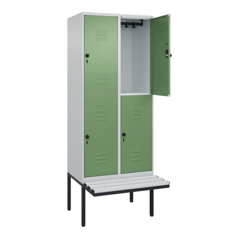 C+P Doppelstock-Spind Classic PLUS, Bank, 2 Abteile, 2120x800x815mm, 7035/6011 Verschluss Sicherheits-Drehriegel Sitzbanktyp auskragend Material Sitzfläche Kunststoff
