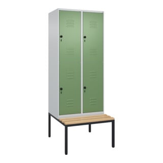 C+P Doppelstock-Spind Classic PLUS, Bank, 2 Abteile, 2120x800x815mm, 7035/6011 Verschluss Sicherheits-Drehriegel Sitzbanktyp untergebaut Material Sitzfläche Buche-Hartholz