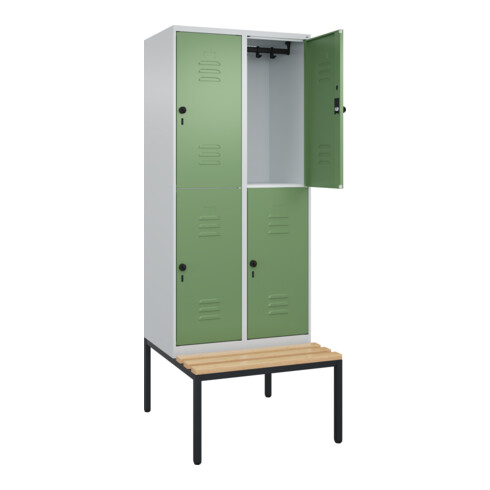 C+P Doppelstock-Spind Classic PLUS, Bank, 2 Abteile, 2120x800x815mm, 7035/6011 Verschluss Sicherheits-Drehriegel Sitzbanktyp untergebaut Material Sitzfläche Buche-Hartholz