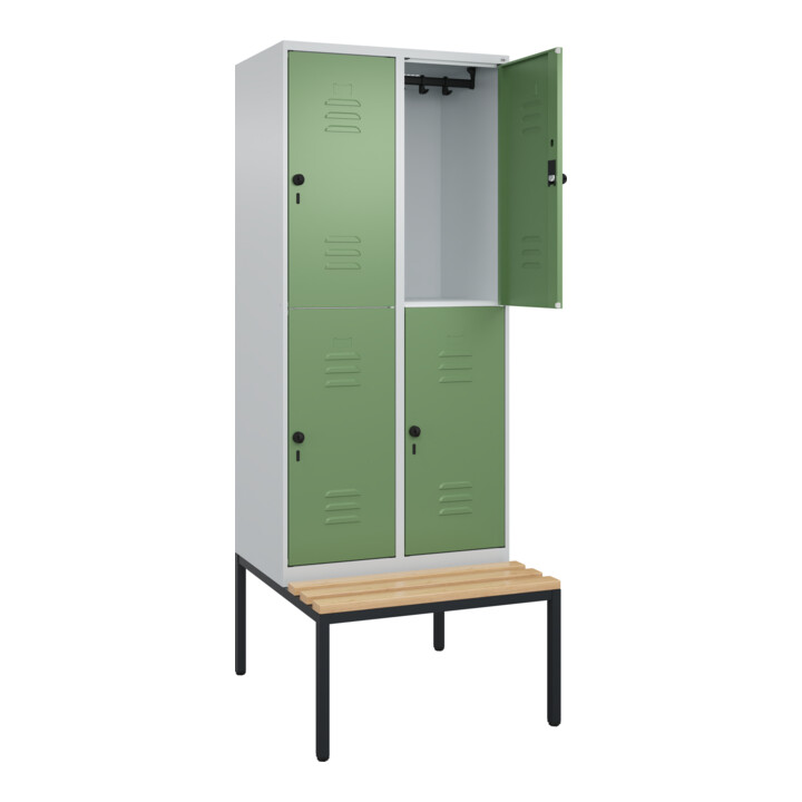 C+P Doppelstock-Spind Classic PLUS, Bank, 2 Abteile, 2120x800x815mm, 7035/6011 Verschluss Sicherheits-Drehriegel Sitzbanktyp untergebaut Material Sitzfläche Buche-Hartholz