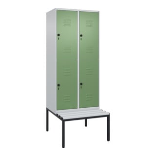 C+P Doppelstock-Spind Classic PLUS, Bank, 2 Abteile, 2120x800x815mm, 7035/6011 Verschluss Sicherheits-Drehriegel Sitzbanktyp untergebaut Material Sitzfläche Kunststoff