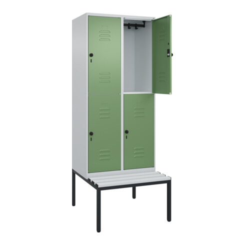 C+P Doppelstock-Spind Classic PLUS, Bank, 2 Abteile, 2120x800x815mm, 7035/6011 Verschluss Sicherheits-Drehriegel Sitzbanktyp untergebaut Material Sitzfläche Kunststoff