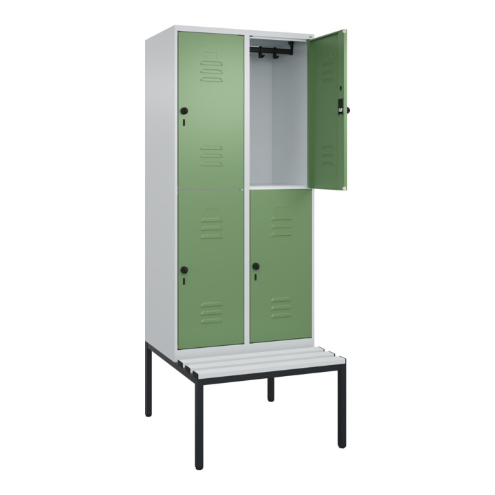 C+P Doppelstock-Spind Classic PLUS, Bank, 2 Abteile, 2120x800x815mm, 7035/6011 Verschluss Sicherheits-Drehriegel Sitzbanktyp untergebaut Material Sitzfläche Kunststoff