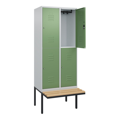 C+P Doppelstock-Spind Classic PLUS, Bank, 2 Abteile, 2120x800x815mm, 7035/6011 Verschluss Zylinderschloss Sitzbanktyp auskragend Material Sitzfläche Buche-Hartholz