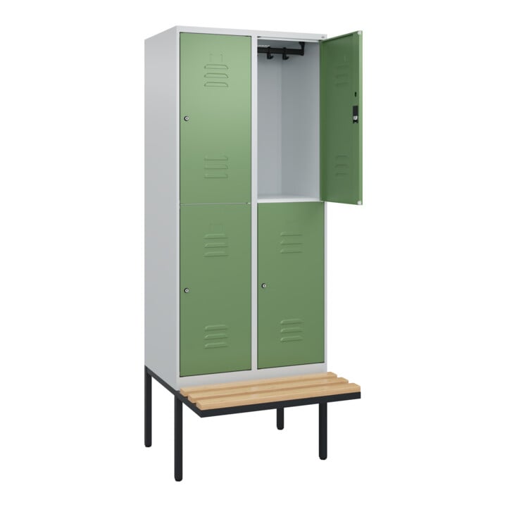 C+P Doppelstock-Spind Classic PLUS, Bank, 2 Abteile, 2120x800x815mm, 7035/6011 Verschluss Zylinderschloss Sitzbanktyp auskragend Material Sitzfläche Buche-Hartholz