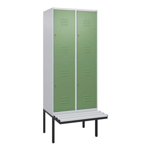 C+P Doppelstock-Spind Classic PLUS, Bank, 2 Abteile, 2120x800x815mm, 7035/6011 Verschluss Zylinderschloss Sitzbanktyp auskragend Material Sitzfläche Kunststoff